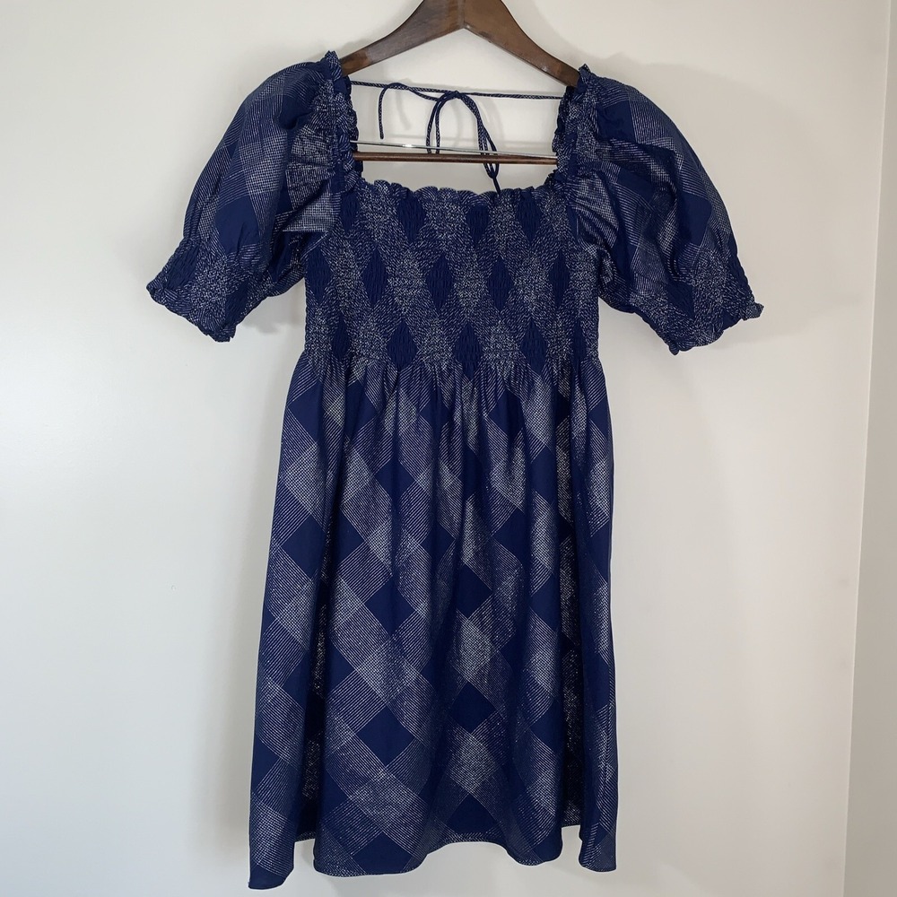 Hill House Athena Nap Dress Womens Medium Navy Silver Plaid Smocked Puff Sleeve